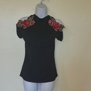 Lucky Brand Black Cold-Shoulder Top with Red Rose Embroidery